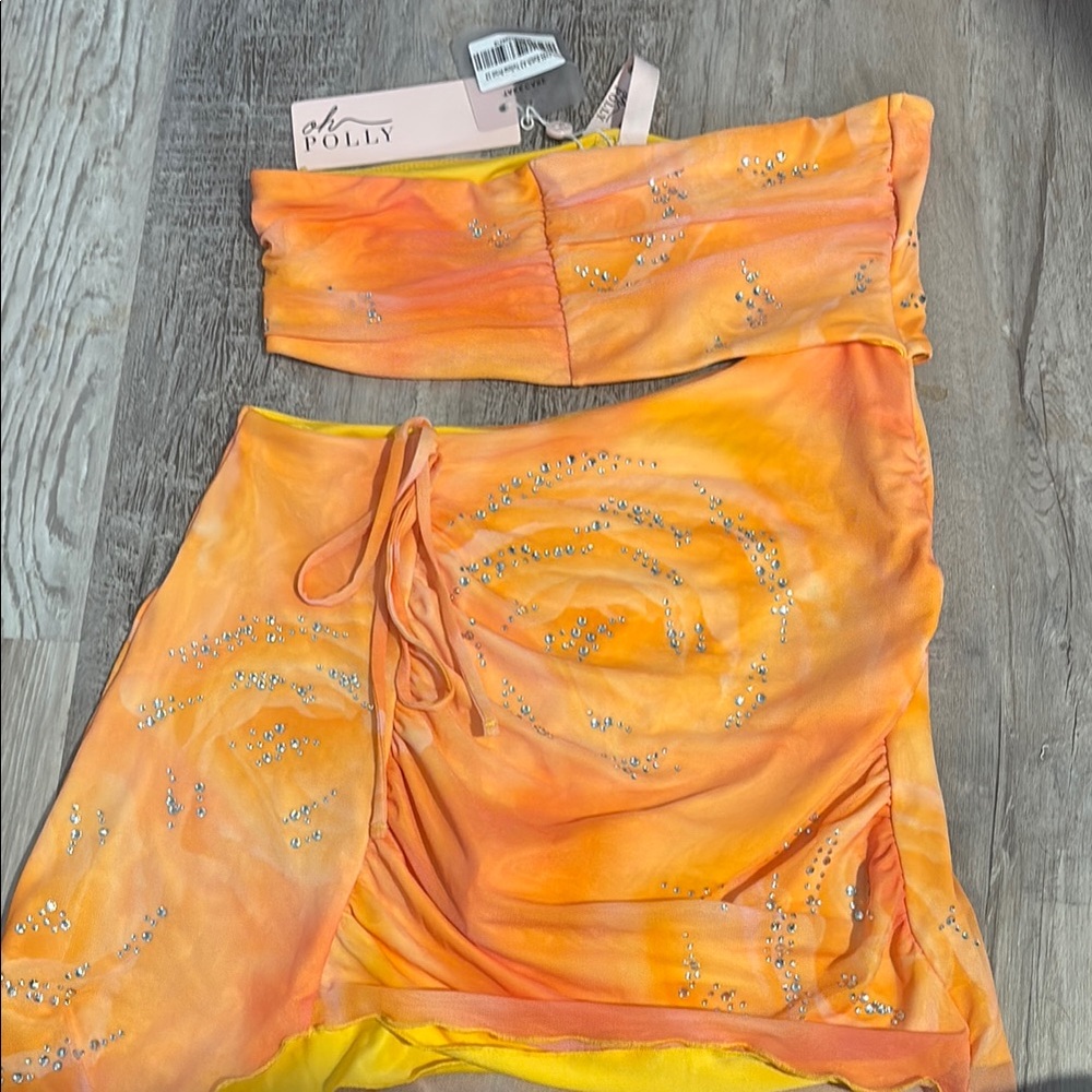 Oh Polly Orange Two-Piece Set with Rhinestones